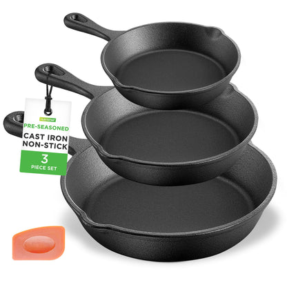 NutriChef Cast Iron Skillet Set — 3 Piece Pre-Seasoned Pan Set