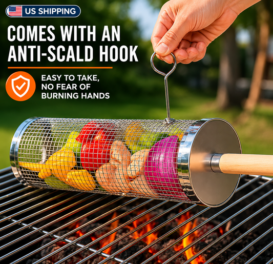 Rotating BBQ Grill Basket — Grill Vegetables, Shrimp & More Without Losing a Single Piece