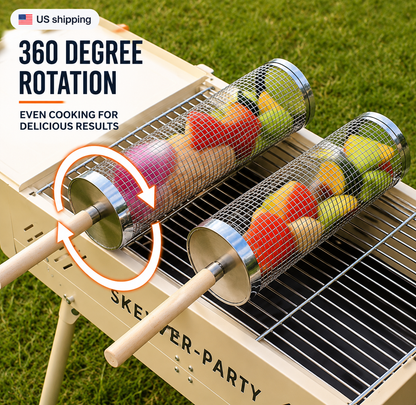 Rotating BBQ Grill Basket — Grill Vegetables, Shrimp & More Without Losing a Single Piece